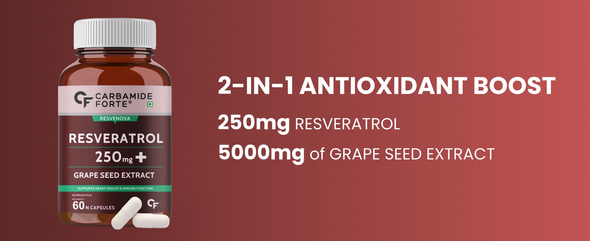 Carbamide Forte Resveratrol 250mg with Grape Seed Extract | Pharma Grade Resveratrol for Max Absorption - 60 Veg Resveratrol Capsules (Pack of 3)