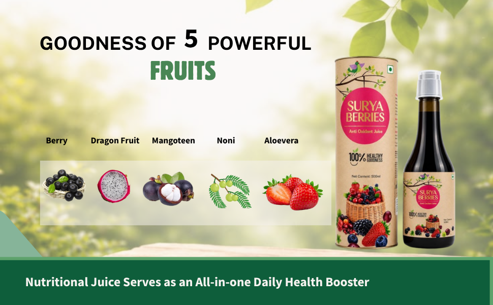 Surya Berry Juice, Sweet & Tangy, Antioxidant Nutritional Juice with Acai, Dragon Fruit, Mangosteen, Noni, Kiwi, Amla, Papaya, Pomegranate, 500ml
