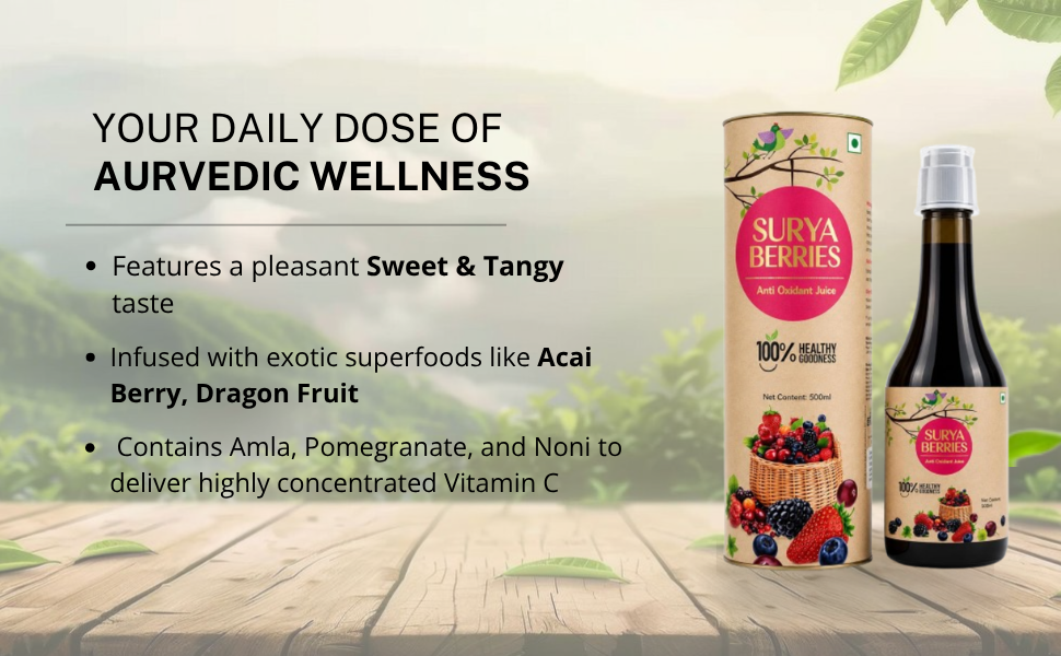 Surya Berry Juice, Sweet & Tangy, Antioxidant Nutritional Juice with Acai, Dragon Fruit, Mangosteen, Noni, Kiwi, Amla, Papaya, Pomegranate, 500ml