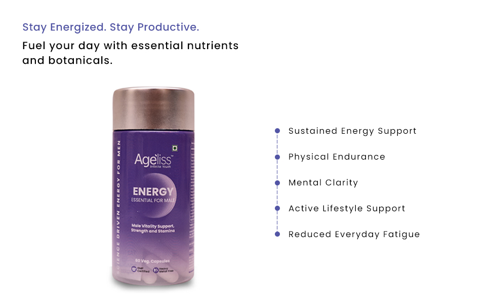 Men's Daily Energy Essential, 60 Capsules | Daily Wellness & Nutritional Support Formula with Ashwagandha, Shilajit, Maca Root, Panax Ginseng, Zinc, CoQ10 & Amino Acids | Men's Daily Supplement