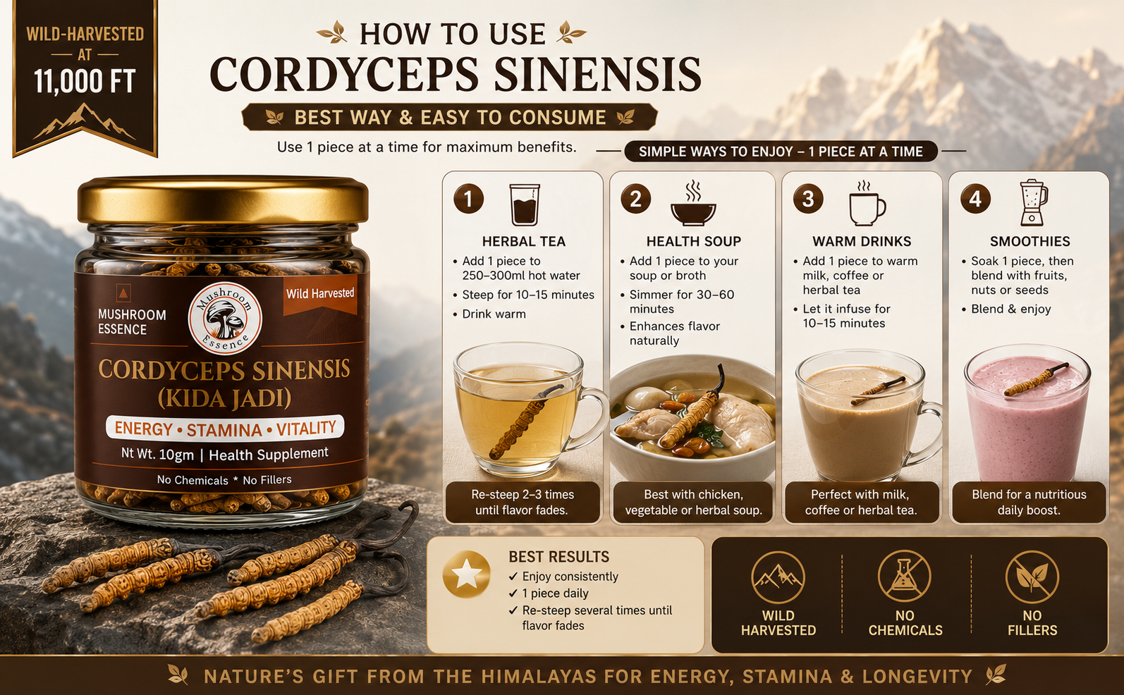 Mushroom Essence Cordyceps Sinensis Select Grade 60 pcs- (2–3 Pcs/gm) | Original Kida Jadi Buti (Yarsagumba) | Premium Whole Cordyceps Mushroom | 20g | Pack of 1