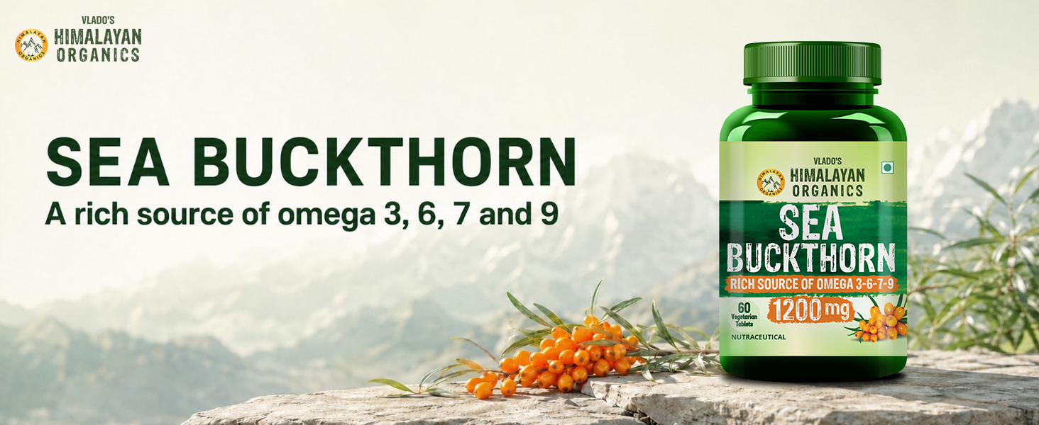 Vlado's Himalayan Organics Sea Buckthorn - 1200mg - Rich source of Omega 3-6-7-9 I 190+ Bio-active Elements ( vitamin A,B,C,D,E, ) Vitmain K - 18+ amino acids+ I Antioxidants, Immunity & Collagen Boosting, Supports Skin, Gut, Heart, Muscle, Bone - Direct source from ladakh- 60 Veg Extract Tablets