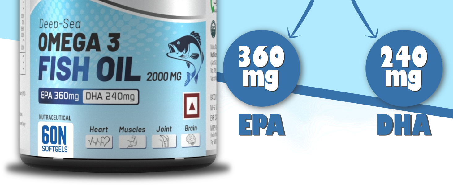 End2End Nutrition Omega 3 Fish Oil 2000mg with 360mg EPA & 240mg DHA for Men & Women | Heart, Brain, Joint, Eye Health & Mercury Free - 60 Capsules