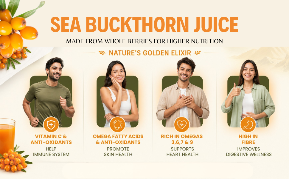 Sea Buckthorn Juice | 100 Percent Natural Himalayan Berry Extract Rich in Omega Fatty Acids Antioxidants and Vitamins for Immunity Energy Skin Health (300Ml) | Color Trans-Round | Size ...