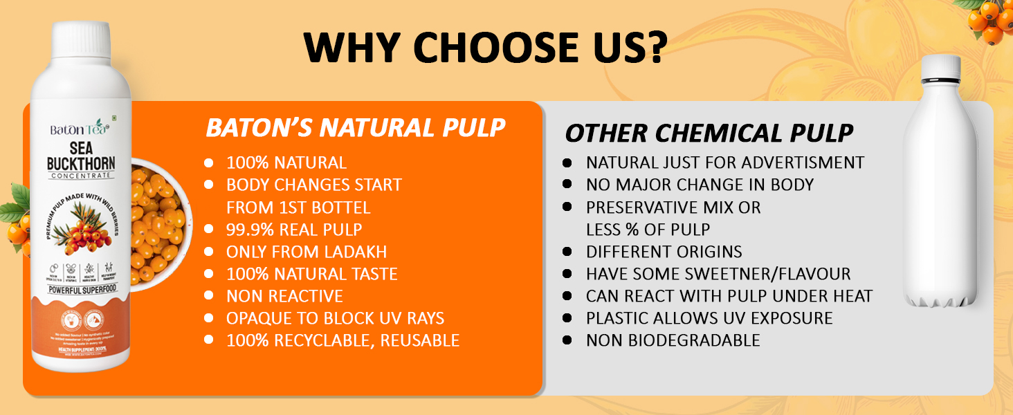 Baton Tea Himalayan Sea Buckthorn Pulp Juice 300ml | Cold-Pressed | Natural Vitamin C, Omega 3 6 7 9, Antioxidants | Immunity, Skin Glow & Gut Health Support | No Added Sugar | Lab Tested |Pack Of 1
