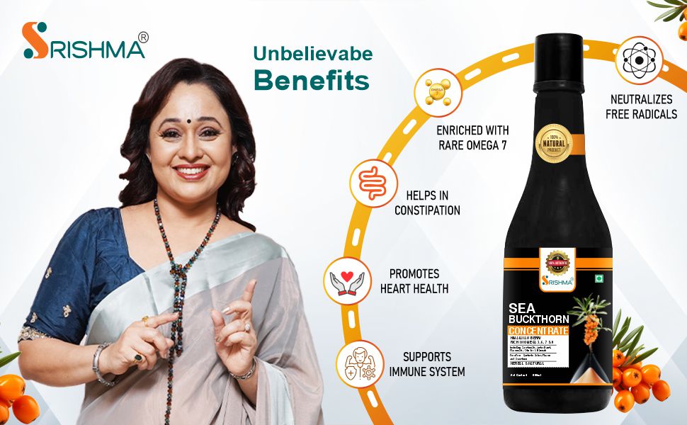SRISHMA Sea Buckthorn Juice Concentrate 500ml Pack of 2 | Cold Pressed Sea Buckthorn Pulp | Natural Vitamin C & Omega 3 6 7 9 | Antioxidant Rich Herbal Health Drink