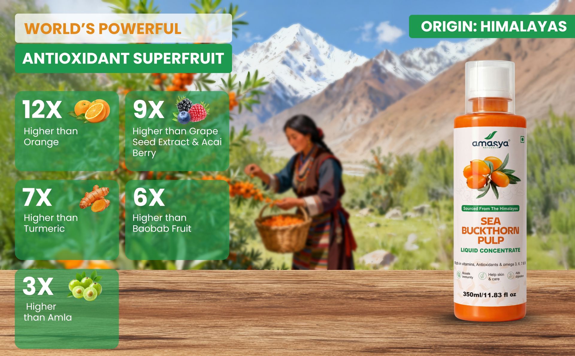 Amasya Naturals Sea Buckthorn Pulp Liquid Concentrate 350ml | Himalayan Sourced | Rich in Omega 3 6 7 & Antioxidants | Supports Immunity Skin & Digestion | Natural Health Supplement Juice (Pack of 1)