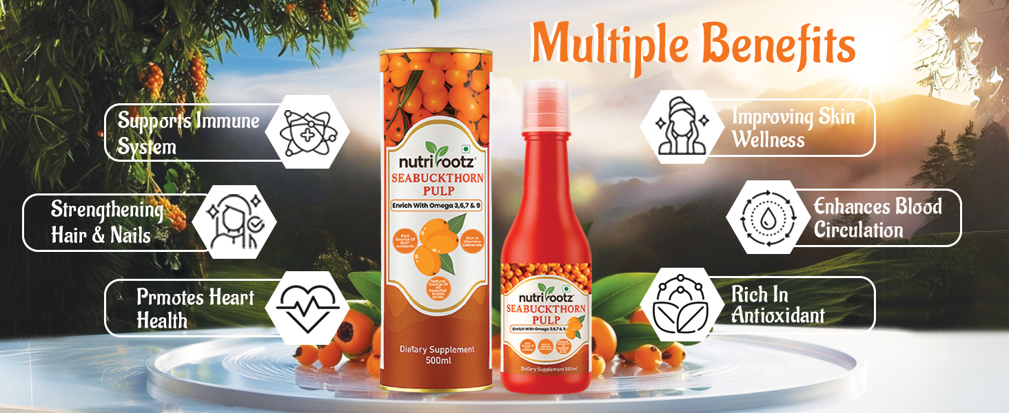 Nutrirootz Himalayan Sea Buckthorn Pulp | Natural Sea Buckthorn Juice Concentrate | Rich in Antioxidants & Vitamin C | No Added Sugar | 500 ml