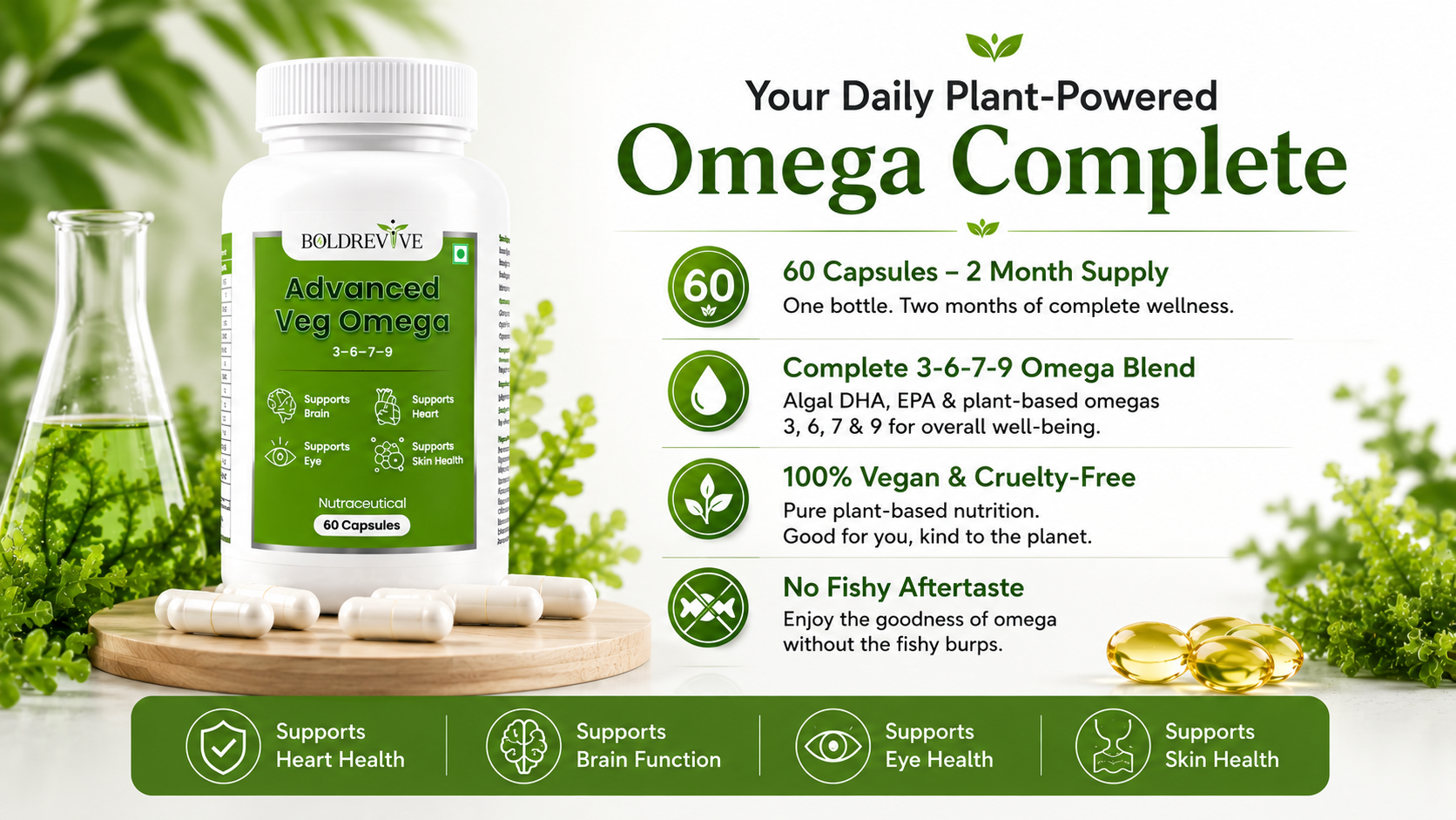 Vegan Omega 3 6 9 Capsules with Algal DHA EPA, Evening Primrose, Sea Buckthorn & Vitamin D3 – 60 Veg Capsules for Men & Women