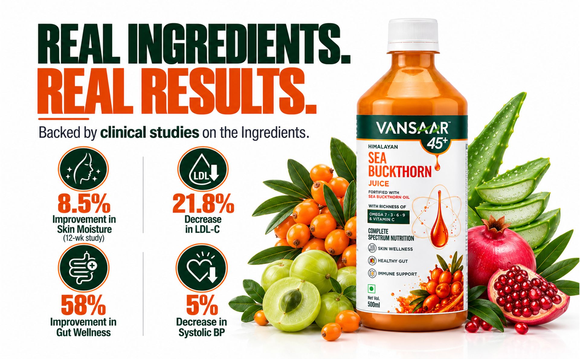 Vansaar 45+ Himalayan Sea Buckthorn Juice 500ml | Made with 99.9% Sea Buckthorn Berry Pulp | Fortified with Sea Buckthorn Oil | | Skin, Immunity & Gut Health | Complete Omega 3-6-7-9 + Vitamin C| No Added Sugar| Dual Fraction Technology