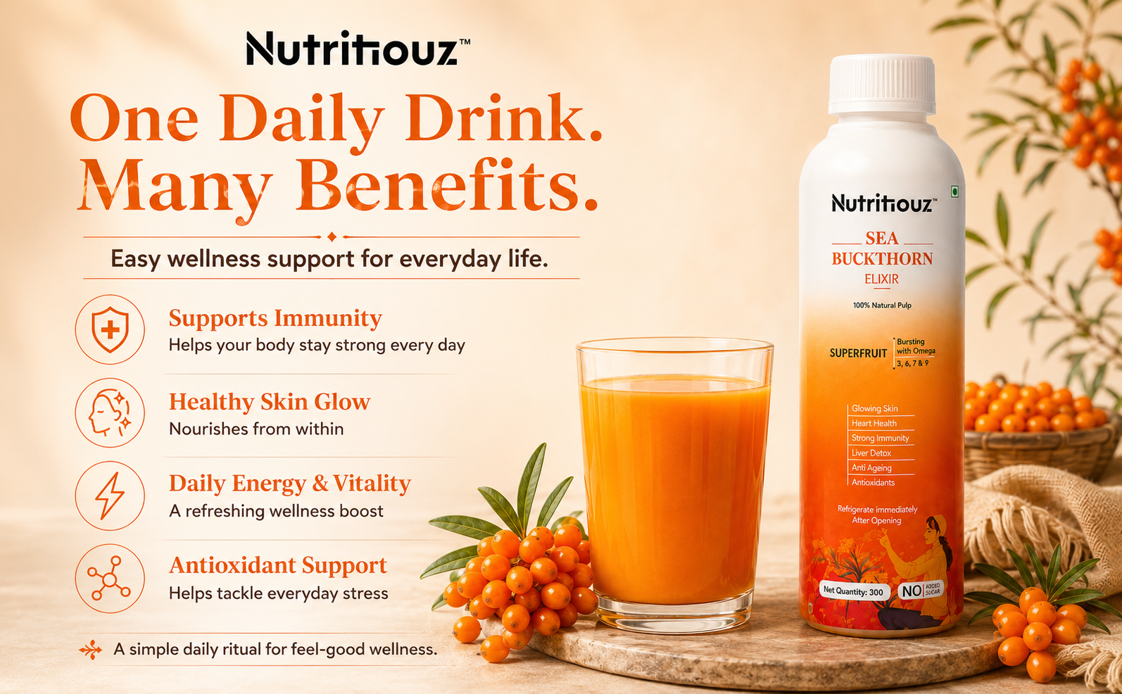 Himalayan Sea buckthorn Elixir – 300 ml | Cold-Pressed Sea Buckthorn Pulp | Rich in Natural Vitamin C, Omegas 3, 6, 7 & 9 | Antioxidant-Rich Herbal Juice for Immunity, Heart Wellness, Skin Radiance & Digestive Health