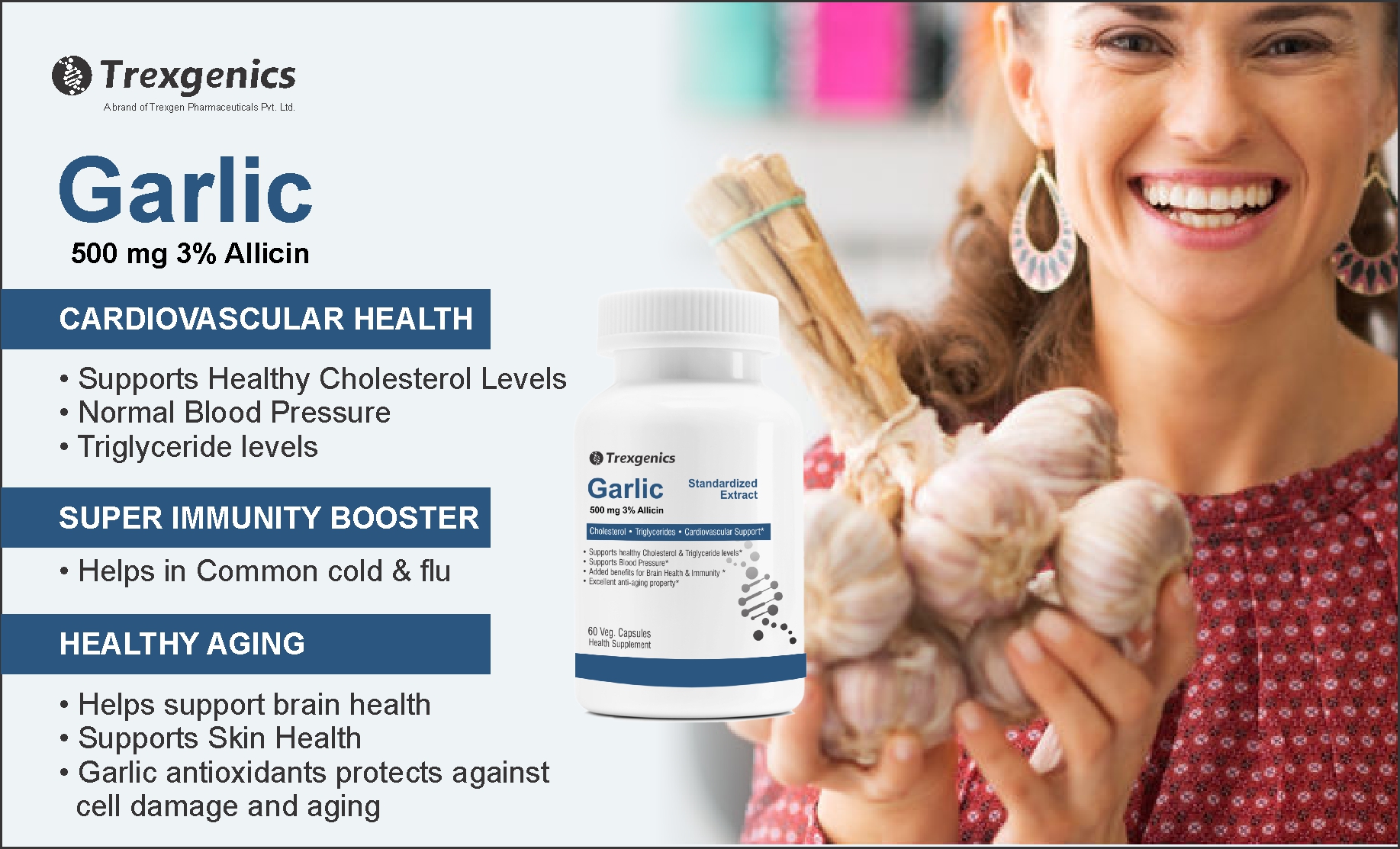 Trexgenics GARLIC (Bioactive 3% Allicin) 500mg Cholesterol, Triglycerides, Cardiovascular, Immunity Support* (60 Vcaps) (1)