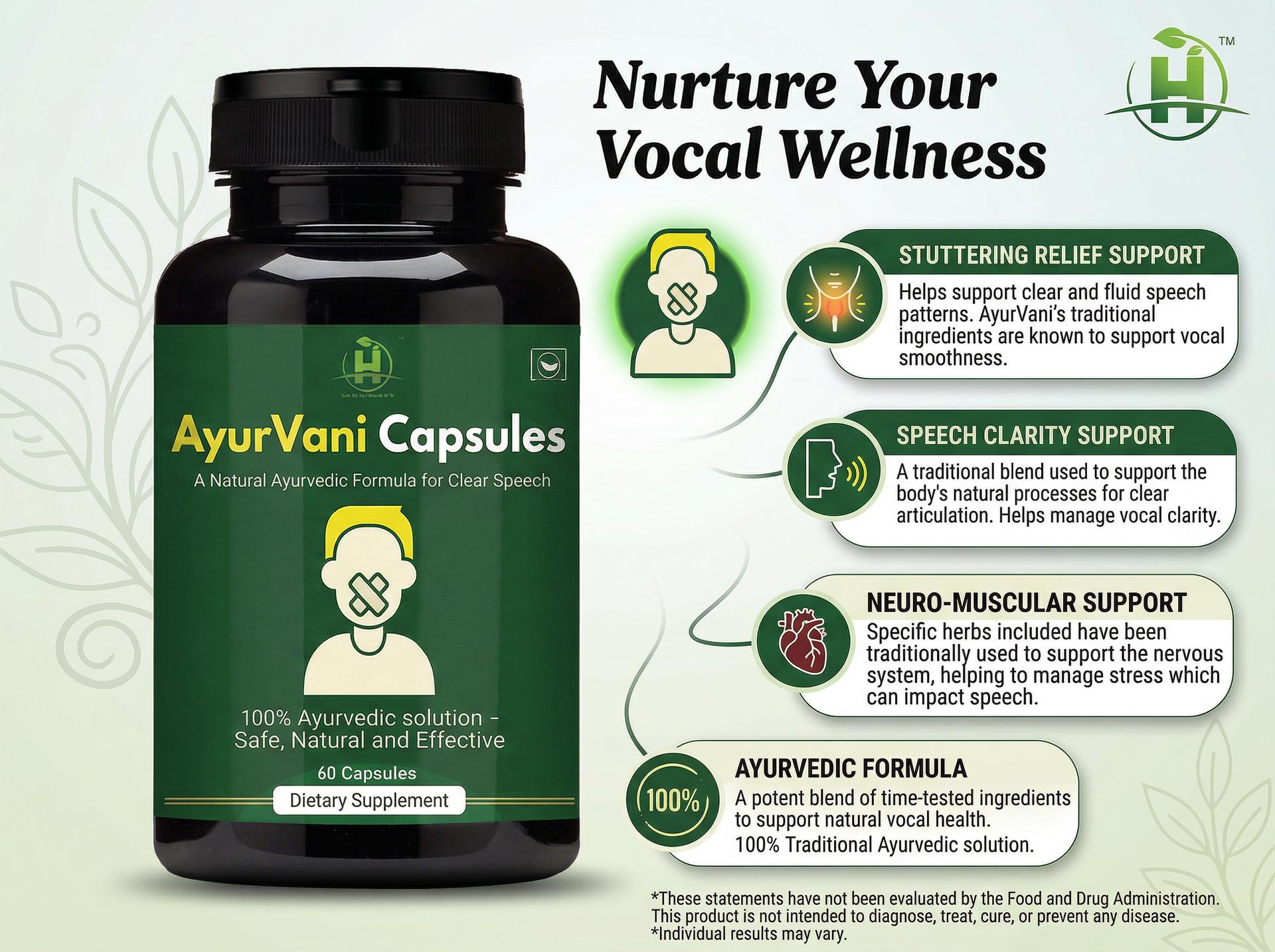 Healthy Nutrition AyurVani Capsules | Ayurvedic Herbal Supplement with Brahmi, Shankhpushpi, Bhringraj & Guduchi | 60 Capsules | Supports Mental Clarity & Overall Wellness