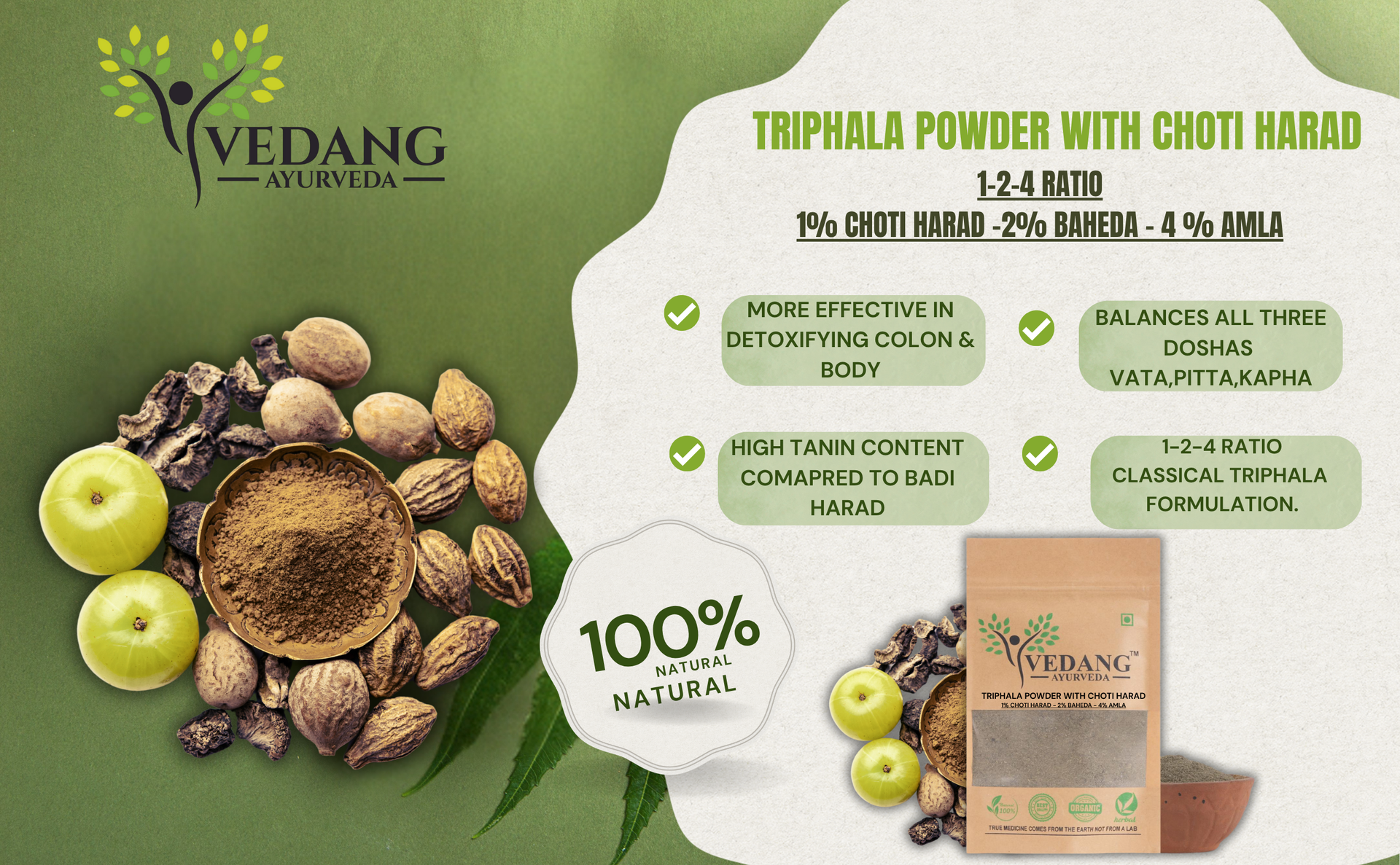 Triphala Churna With Choti Harad 1:2:4 Ratio (1 Choti Harad-2 Baheda-4 Amla) 100% Pure Powder | No Adulteration | No Preservatives | Non GMO | Hand Picked Sun Dried