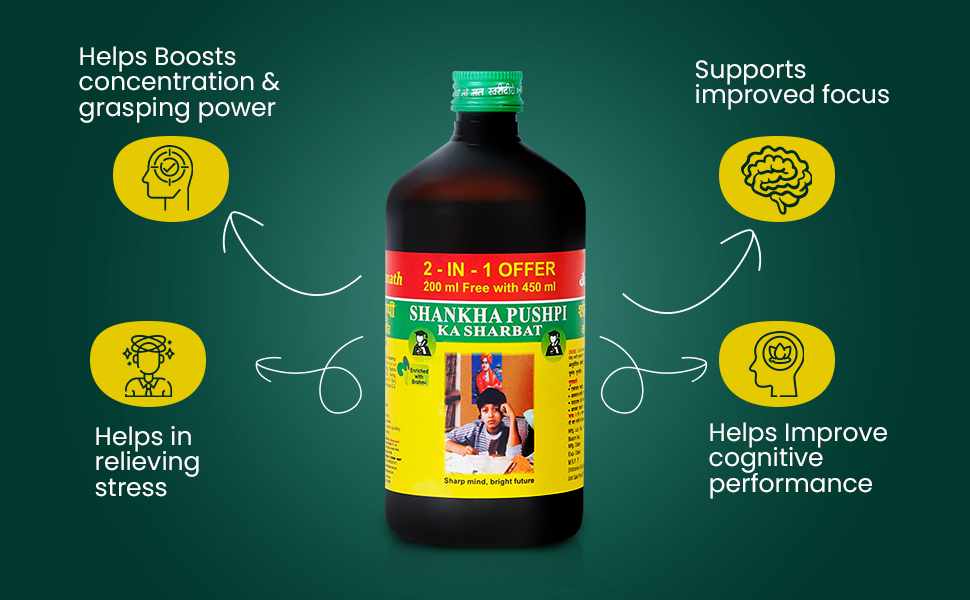 Baidyanath Shankhpushpi Syrup 450ml + 200ml | Memory Booster & Concentration Support | Brahmi Shankhpushpi Formula | Brain Tonic for Kids & Adults | Natural Botanical Ingredients