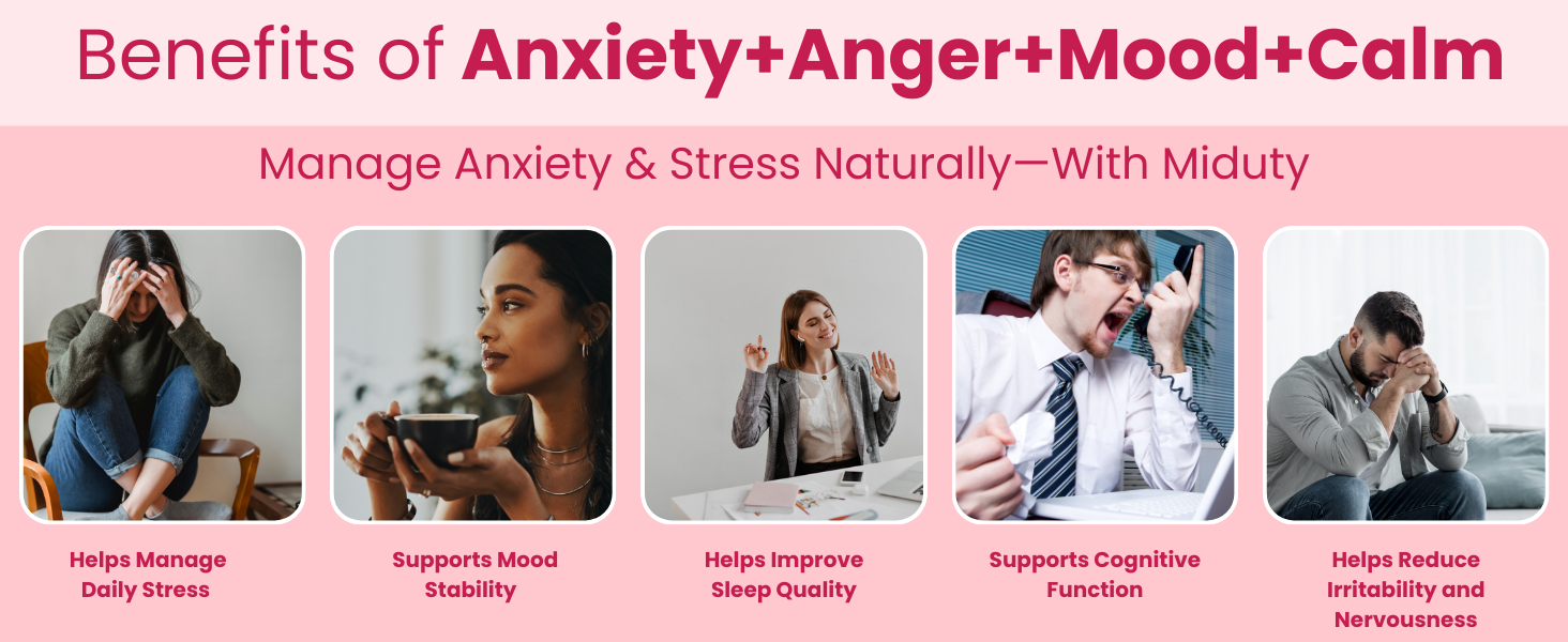 Miduty Anxiety Anger Mood Calm Supplement Helps in Happy Mood & Anti Depressant,Stress Reduce|KSM-66 Ashwagandha Root 800mg with Holy Basil Leaf Extract 200 mg,L Theanine|Non Addictive|60 Capsules