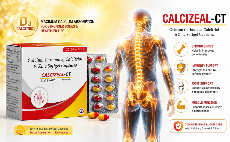 Calcium Carbonate, Calcitriol & Zinc Softgel Capsules | Calcizeal-CT - Bone Strength, Joint Support & Muscle Health Supplement | Best Calcium & Zinc Softgels for Bone Loss Prevention | 30 Capsules