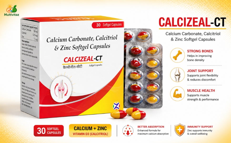 Calcium Carbonate, Calcitriol & Zinc Softgel Capsules | Calcizeal-CT - Bone Strength, Joint Support & Muscle Health Supplement | Best Calcium & Zinc Softgels for Bone Loss Prevention | 30 Capsules