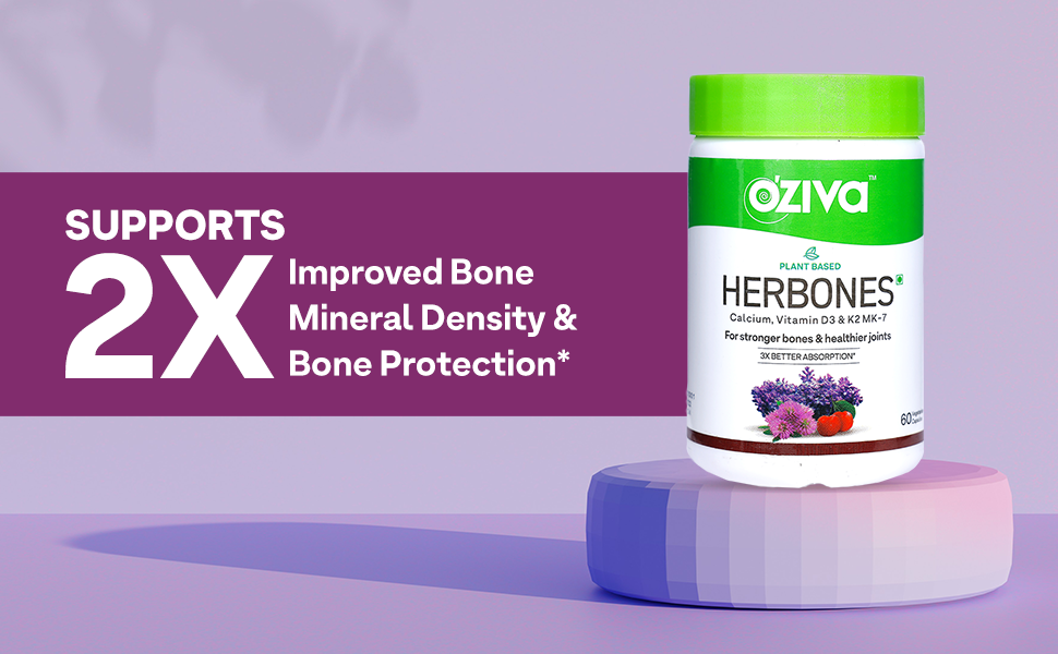 OZiva Plant Based HerBones|Healthy Bones Supplement for Better Bone Health & Bone Strength & Density|With Acerola Cherry & Ashoka for Healthy Bones for Women,Certified Vegan,60 capsules,70 grams