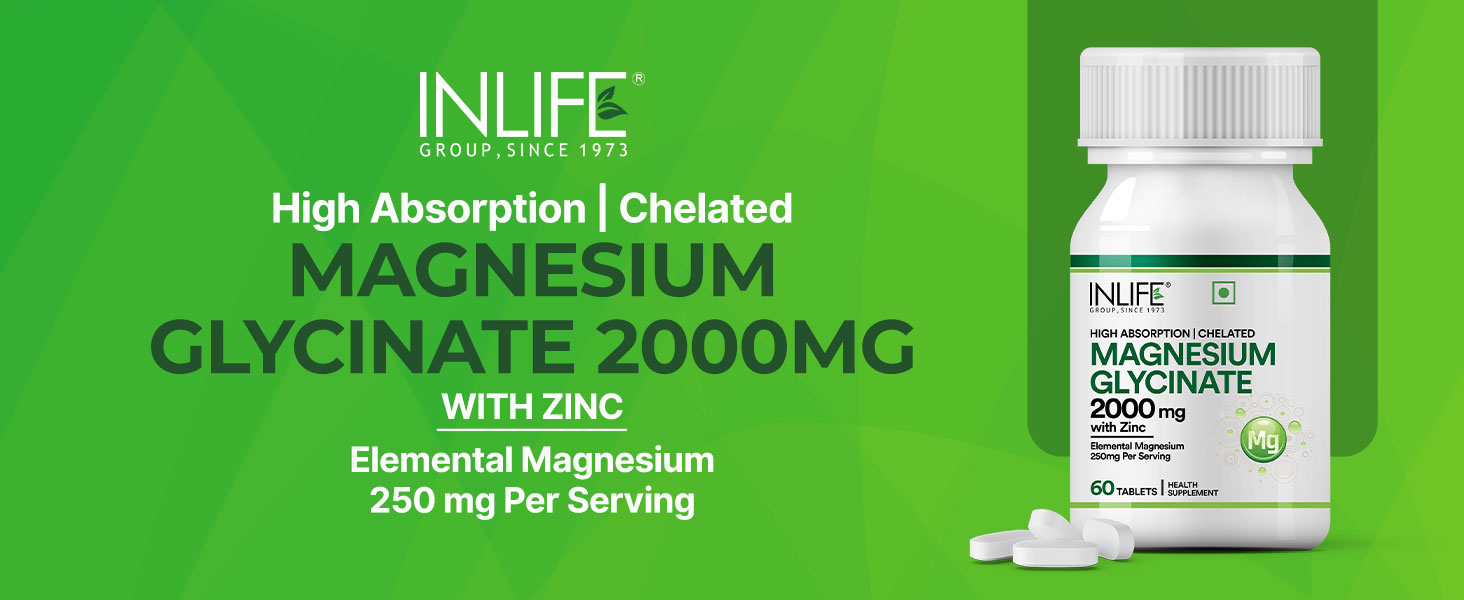 INLIFE Unbuffered Magnesium Glycinate 2000mg, Zinc Picolinate, 60 Tablets