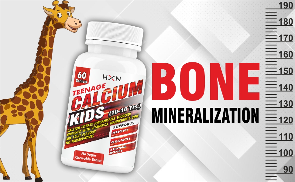 HXN Calcium For Kids With Vitamin D3, Magnesium, Zinc, Vitamin B12, Multivitamin Supplements for Teenager Kids Strong Bones Health | Teeth | Growth | Sugar Free -60 Chewable Tablets (10-16 years)