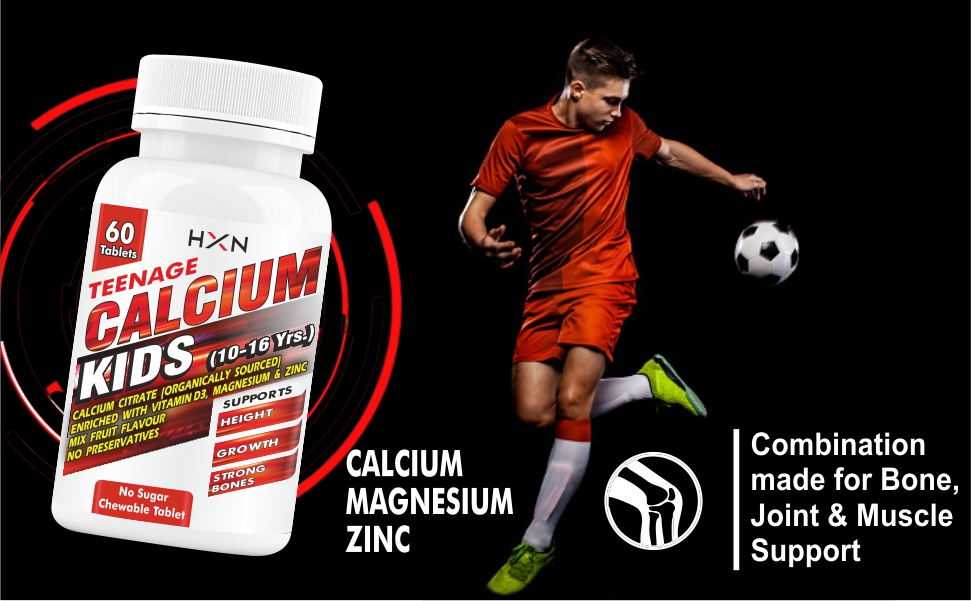 HXN Calcium For Kids With Vitamin D3, Magnesium, Zinc, Vitamin B12, Multivitamin Supplements for Teenager Kids Strong Bones Health | Teeth | Growth | Sugar Free -60 Chewable Tablets (10-16 years)