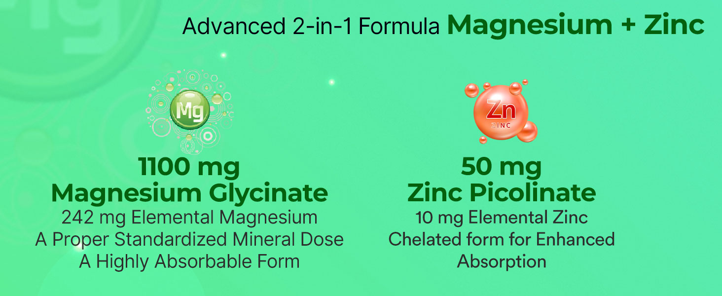 INLIFE Magnesium Glycinate 1100mg with Zinc Picolinate, 120 Veg Capsules