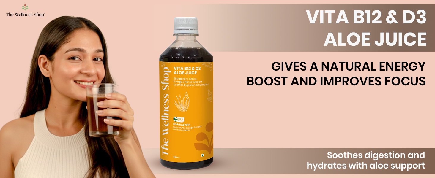The Wellness Shop Vitamin B12 & D3 Juice with Aloe Vera, Orange & Pomegranate | Energy & Immunity Support Drink | Supports Digestion, Bone & Heart Health | 500ml