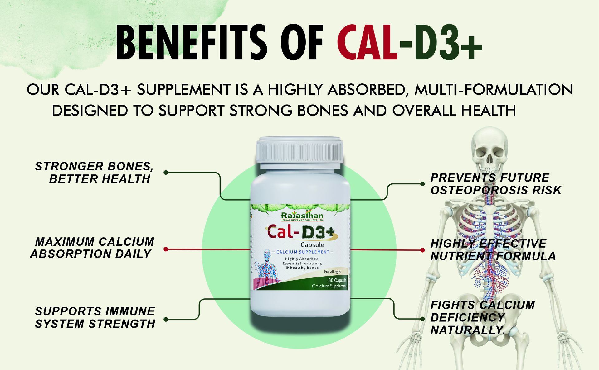 Cal-D3+ Capsules by Rajasthan Aushdhalaya | Calcium Supplement | Essential for Strong & Healthy bones | 30 Capsules