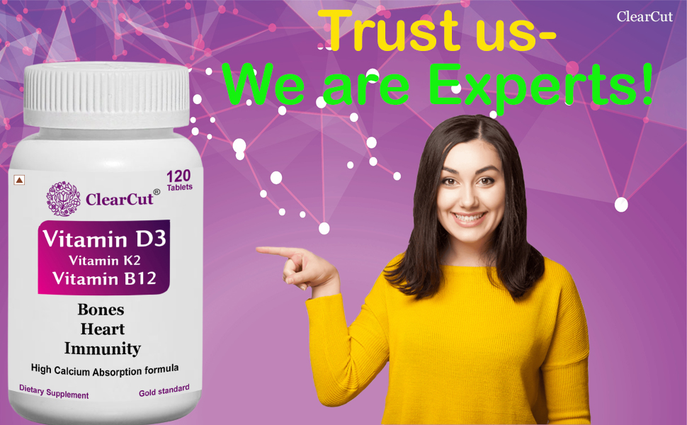 ClearCut Vitamin D3 K2 B12 Calcium tablet Joints bones Boosting Immunity supplement for men women 120