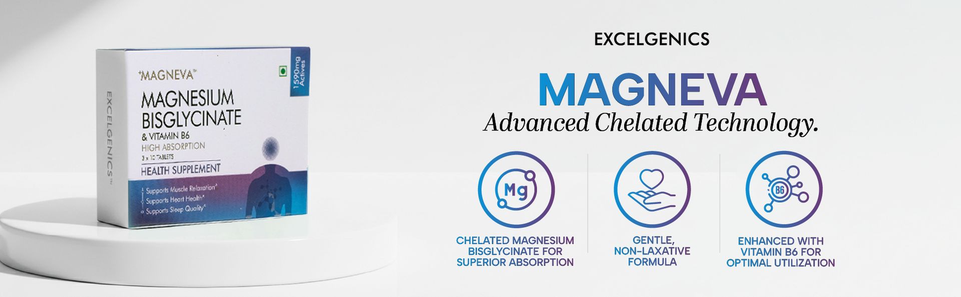 Magneva Magnesium Bisglycinate | 30 tablets | 350 mg Elemental Magnesium + Vitamin B6 | High Absorption Chelated Formula for Muscle & Bone Health | Non-GMO | Excelgenics