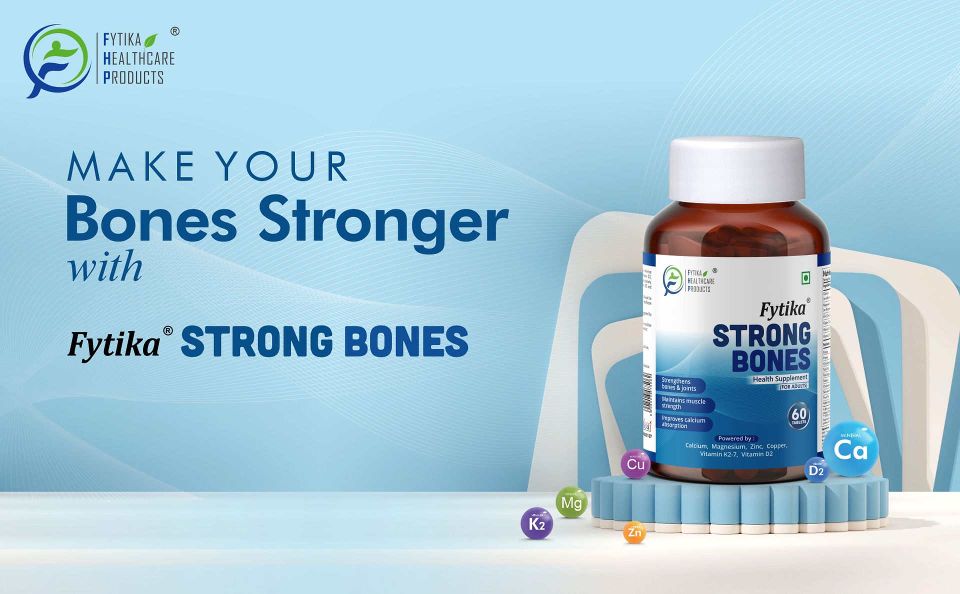 Fytika Strong Bones (Pack of 2) - 120 TABS | Calcium 1000mg + Vitamin D3 400IU Supplement with Magnesium, Zinc,Coper & Vitamin K2 for Complete Bone, Joint & Muscle Health - Women and Men