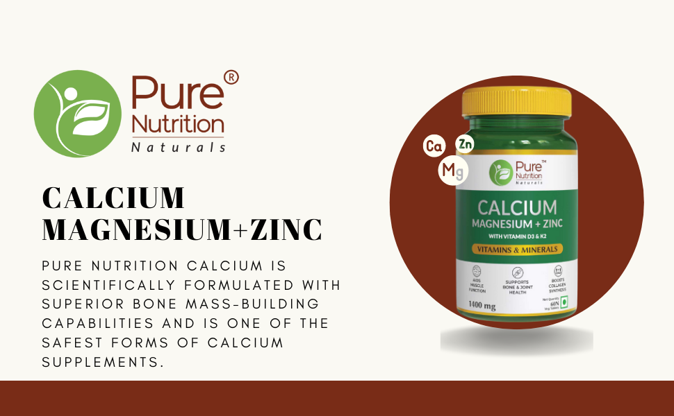 Pure Nutrition Calcium with Magnesium, Zinc, Vitamin D3 & K2 (600 IU) – Calcium Tablets Supports Bone, Joint & Muscle Health, Boosts Collagen Synthesis for Men & Women 60 Tablets