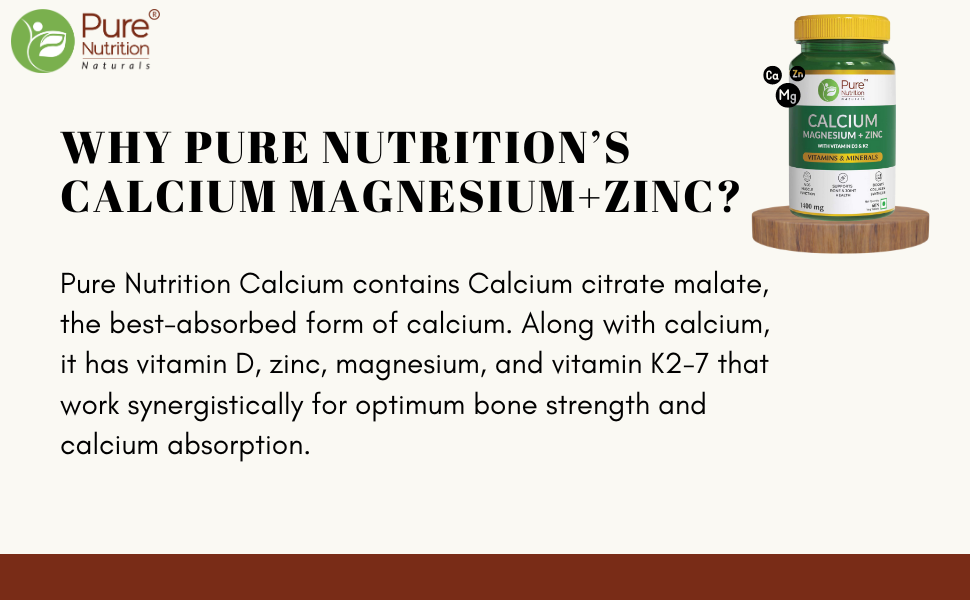 Pure Nutrition Calcium with Magnesium, Zinc, Vitamin D3 & K2 (600 IU) – Calcium Tablets Supports Bone, Joint & Muscle Health, Boosts Collagen Synthesis for Men & Women 60 Tablets