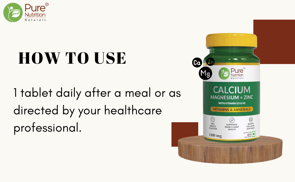Pure Nutrition Calcium with Magnesium, Zinc, Vitamin D3 & K2 (600 IU) – Calcium Tablets Supports Bone, Joint & Muscle Health, Boosts Collagen Synthesis for Men & Women 60 Tablets