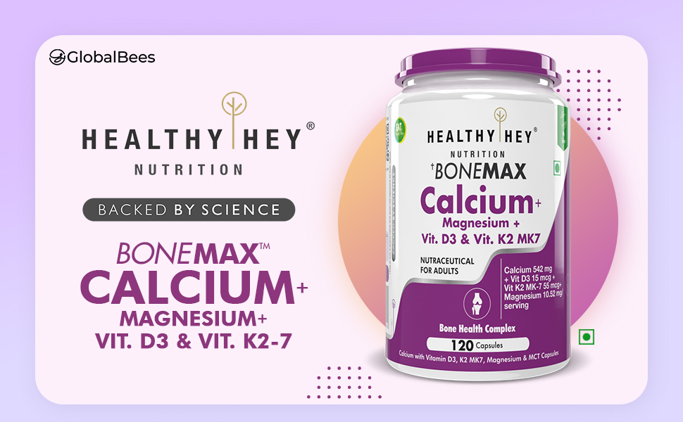 HealthyHey Nutrition BoneMax Calcium, D3, K2 & Mg | 100% Vegetarian | Calcium, Vitamin D3 & K2-MK7 and Magnesium - Benefits Bone Health & Joint Support (120 Capsules)