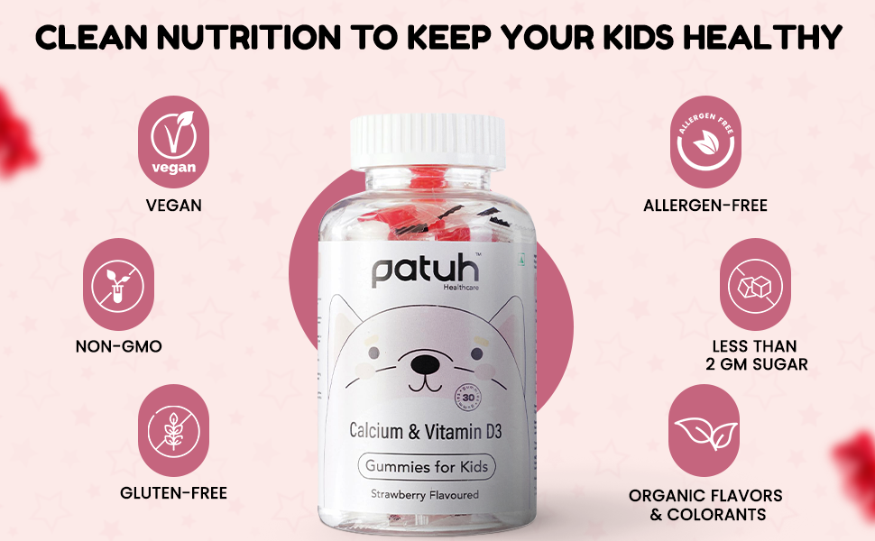 Calcium and Vitamin D3 Gummies for kids (4 years+) | 30 Day Pack | Calcium and D3 Gummies for Kids | 100% Vegetarian, Natural Strawberry flavour