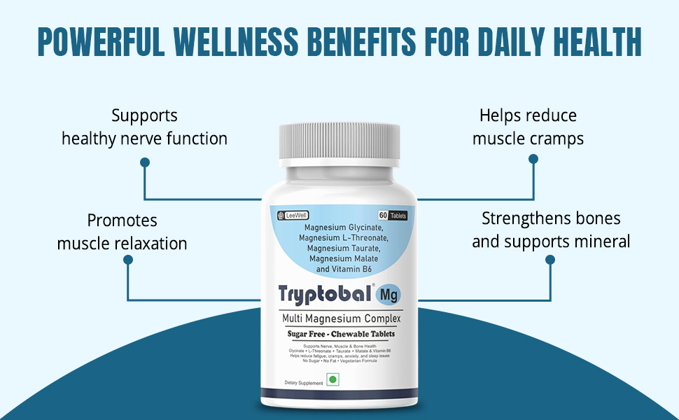 Mg ( LeeWell ) Chewable Multi Magnesium Complex Supplement | Magnesium L threonate, Magnesium Glycinate, Magnesium Taurate, Magnesium Malate, Vitamin B6 | Sleep, Stress Relief, Brain Focus, Heart & Muscle Support - 60 Sugar free Tablets