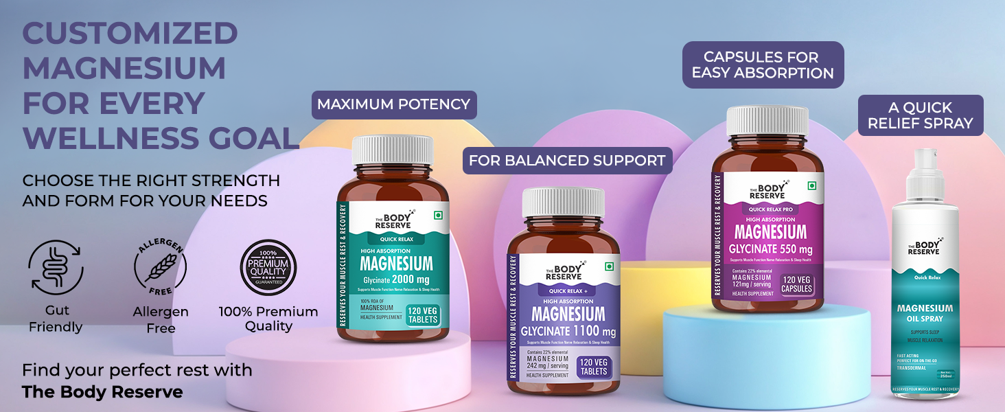 The Body Reserve Magnesium Glycinate Supplement - 60 Veg Tablets, 1100mg Per Serving, High Absorption Chelated Form - Muscle & Nerve Health, Relaxation for Men & Women