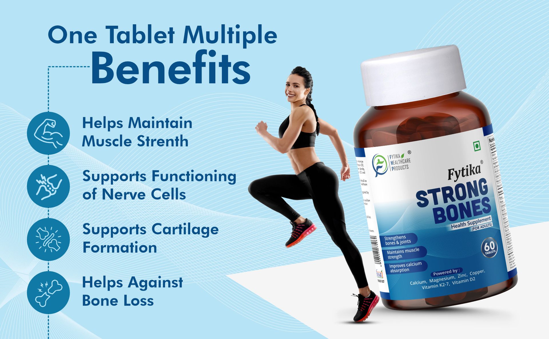 Fytika Strong Bones - 60 TABS (Pack of 1) | Calcium 1000mg + Vitamin D3 400IU Supplement with Magnesium, Zinc,Coper & Vitamin K2 for Complete Bone, Joint & Muscle Health - Women and Men