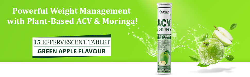 Grandeur ACV Moringa For Weight Management, 120 acv tablets Apple Cider Vinegar Tablets 750mg, With Cinnamon | Controls Cravings | No Added Sugar | Natural Energy Booster | Healthy Gut | Green Apple