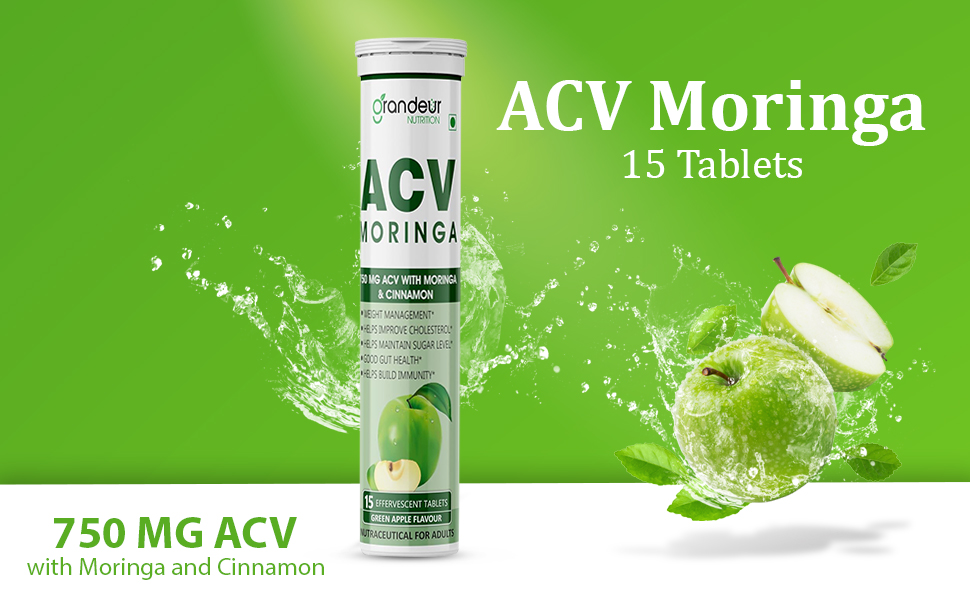 Grandeur ACV Moringa For Weight Management, 120 acv tablets Apple Cider Vinegar Tablets 750mg, With Cinnamon | Controls Cravings | No Added Sugar | Natural Energy Booster | Healthy Gut | Green Apple