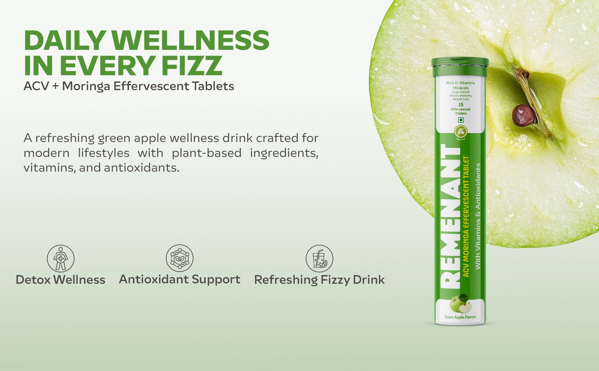 REMENANT ACV Moringa Effervescent Tablets Green Apple Flavour | Apple Cider Vinegar, Moringa, Cinnamon Bark, L-Carnitine & Vitamins | Sugar Free Fizzy Drink Tablets | 15 Effervescent Tablets