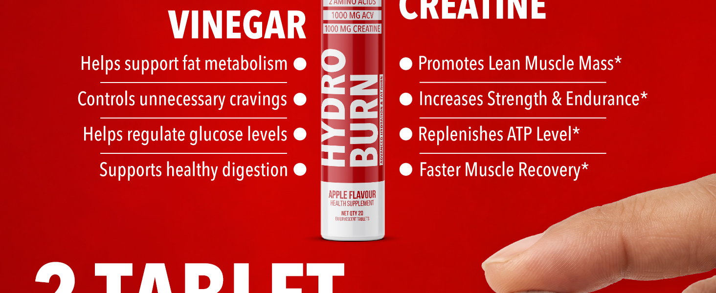 Hydro Burn | Advanced Hydration & Fat Loss | Creatine | Apple Cider Vinegar | 5 Electrolytes + 2 Vitamins + 2 Amino Acids | Instant & Sustained Energy | Supports Fat Reduction | Electrolyte Drink |20 Tabs