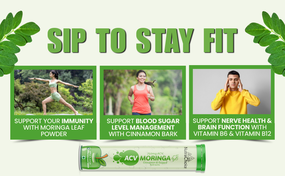 ACV Moringa 750 mg for Weight Loss | Control Cravings, Boost Metabolism & Control Weight | Added Cinnamon & Guggul | 15 Sugar Free Effervescent Tablets - Green Apple (Pack of 1)