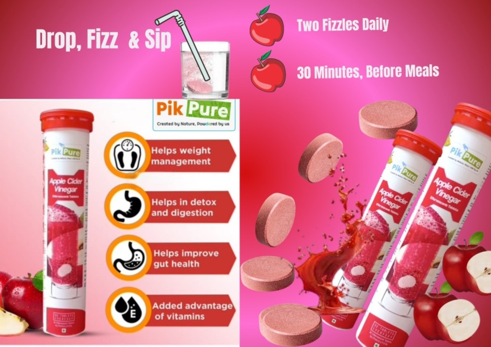 Pikpure Apple cider Vinegar with Mother Effervescent Tablet | Supports Metabolism & Appetite Control | No Added Sugar| Natural Energy Booster Naturally Fermented
