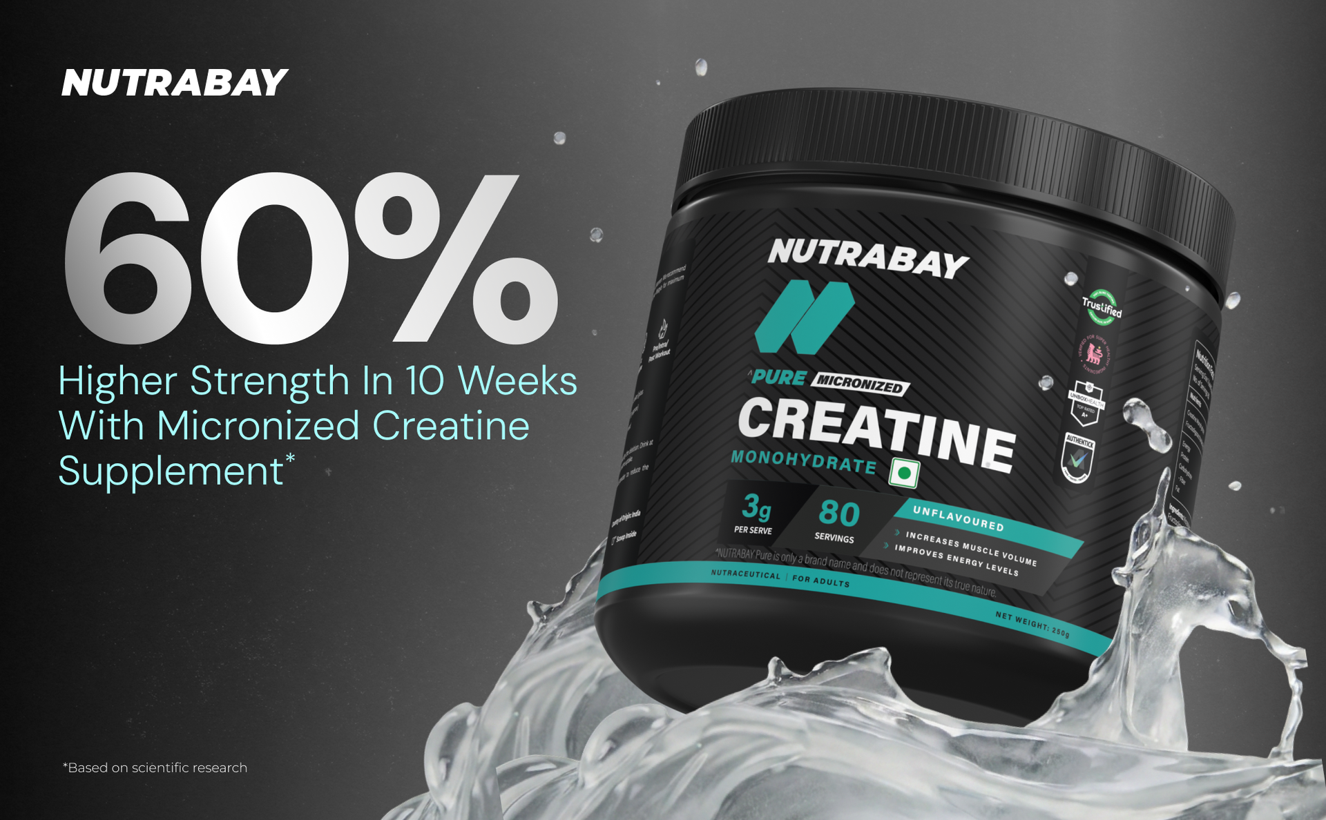 Nutrabay Pure Series Micronised Creatine Powder Monohydrate, Pre/Post Workout Bodybuilding, Crossfit Supplement, 250 g (Unflavoured)