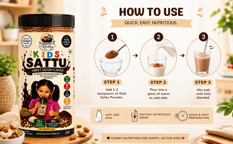 Nature's Medley Kids Sattu Powder with Cocoa Flavour & Dhaga Mishri | Dry Fruits Enriched | Rich in Omega & Protein | No Added Sugar | No Preservatives | Energy Drink for Children | 125g