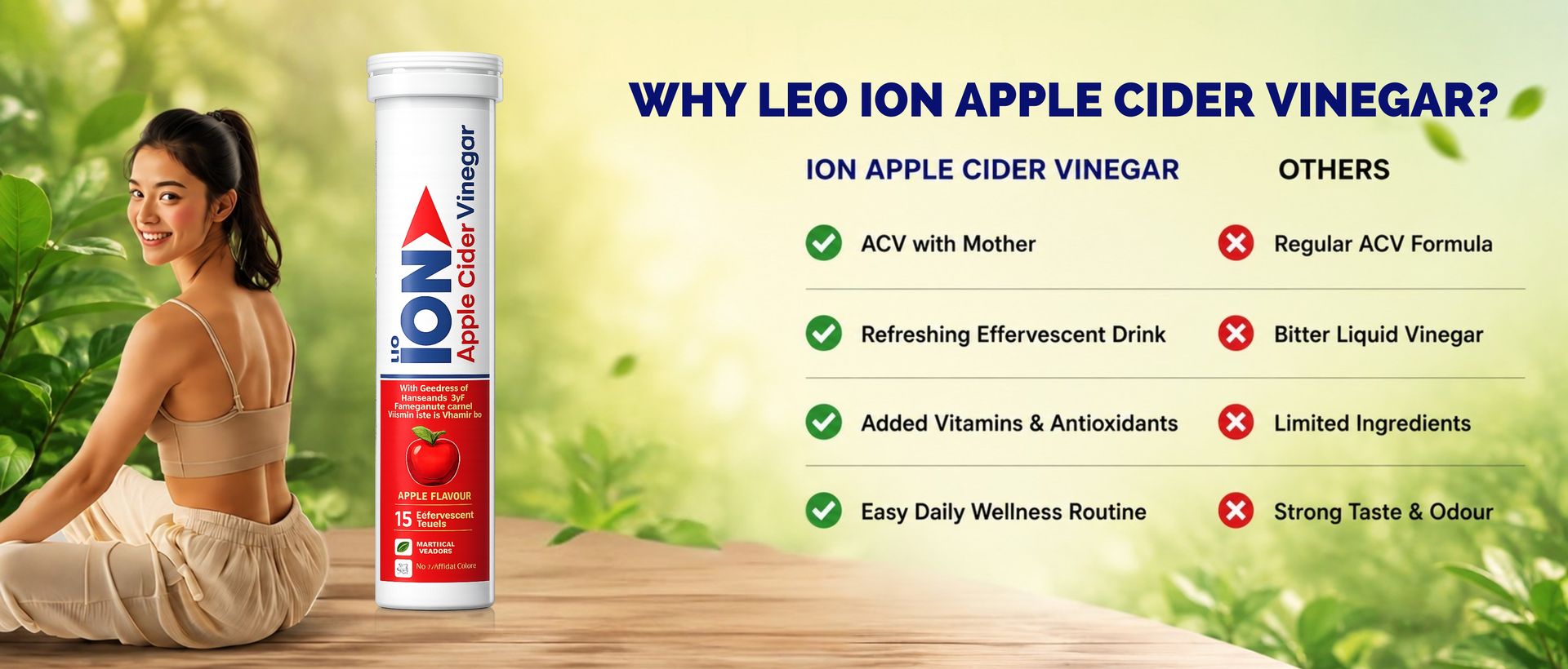 LEO ION Apple Cider Vinegar 15 Effervescent Tablets | Formulated with Mother Vinegar, Pomegranate Extract, Vitamin B12 and Vitamin B6 Supplement | Weight Management, Metabolism and Digestive Health Support | Apple Flavour