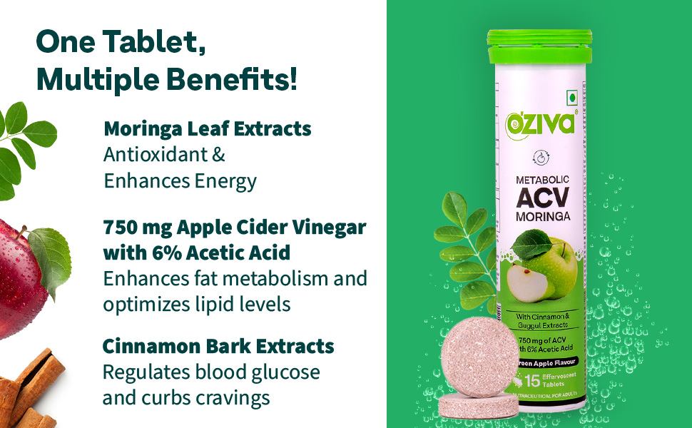 OZiva ACV Moringa| Control Cravings | Green Apple (Pack of 2) and OZiva Bioactive Glutathione Tablets for Radiant Skin - (Pack of 1), Strawberry